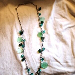 Green Stone Beaded Necklace with Antique Chain